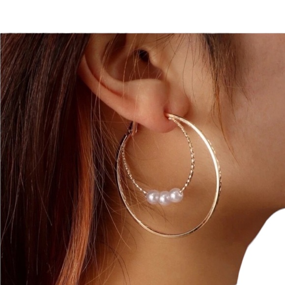 Silver Double Layered Hoop Earrings with Pearls - Picture 2 of 6